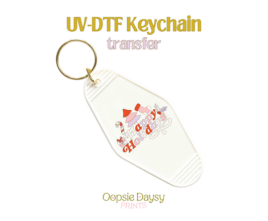 Happy Holidays purple.pink UV-DTF Keychain