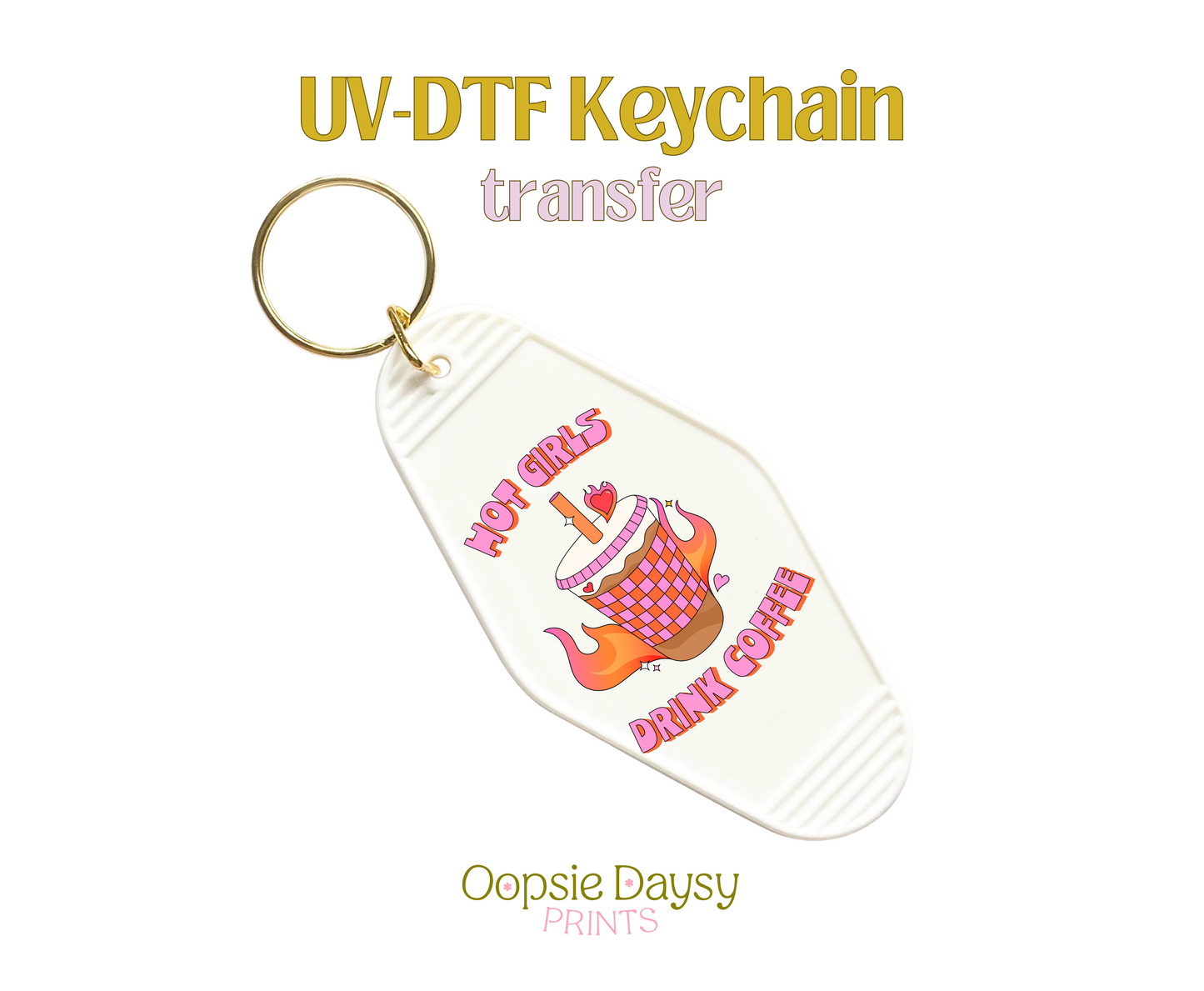 Hot Girls Drink Coffee Checks Pink Orange UV-DTF Keychain