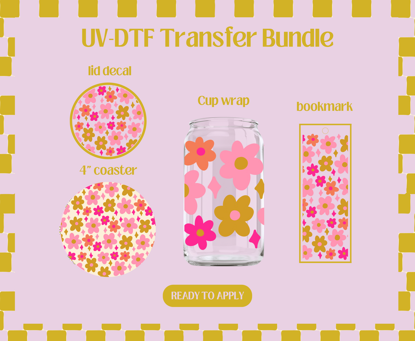 Pink Doodle Daisies UV-DTF Transfer Bundle