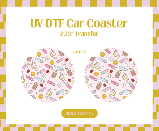 Pink books and drinks UV-DTF Car Coaster