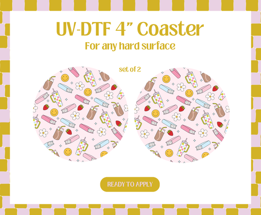 Pink books and drinks UV-DTF 4" Coaster