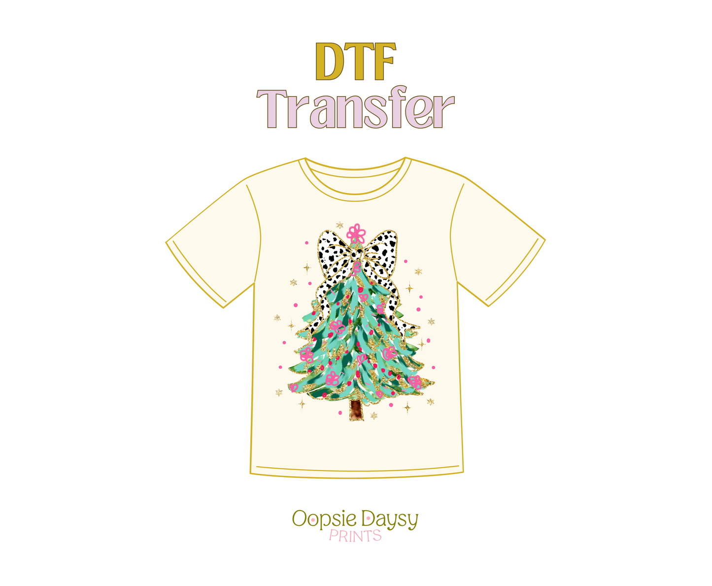 Print, Pink, and Christmas Tree DTF Transfer