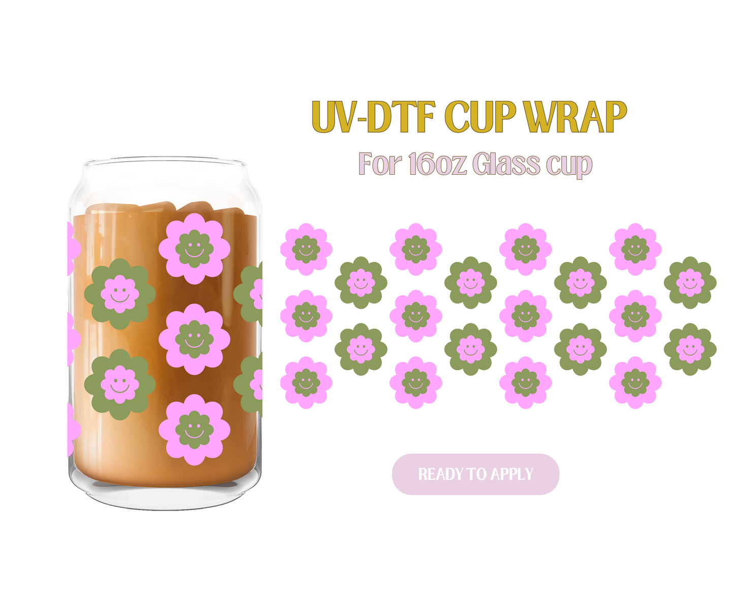 Smiley Face Flowers Green UV-DTF Wrap