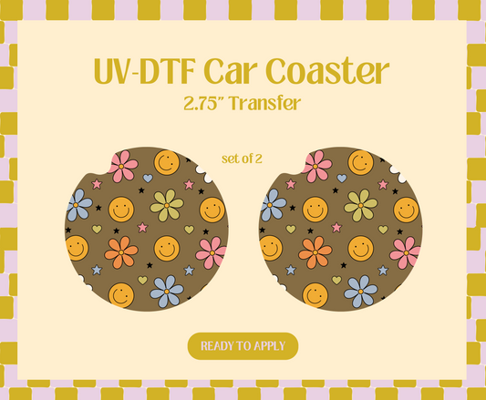 Smiley Flowers UV-DTF Car Coaster