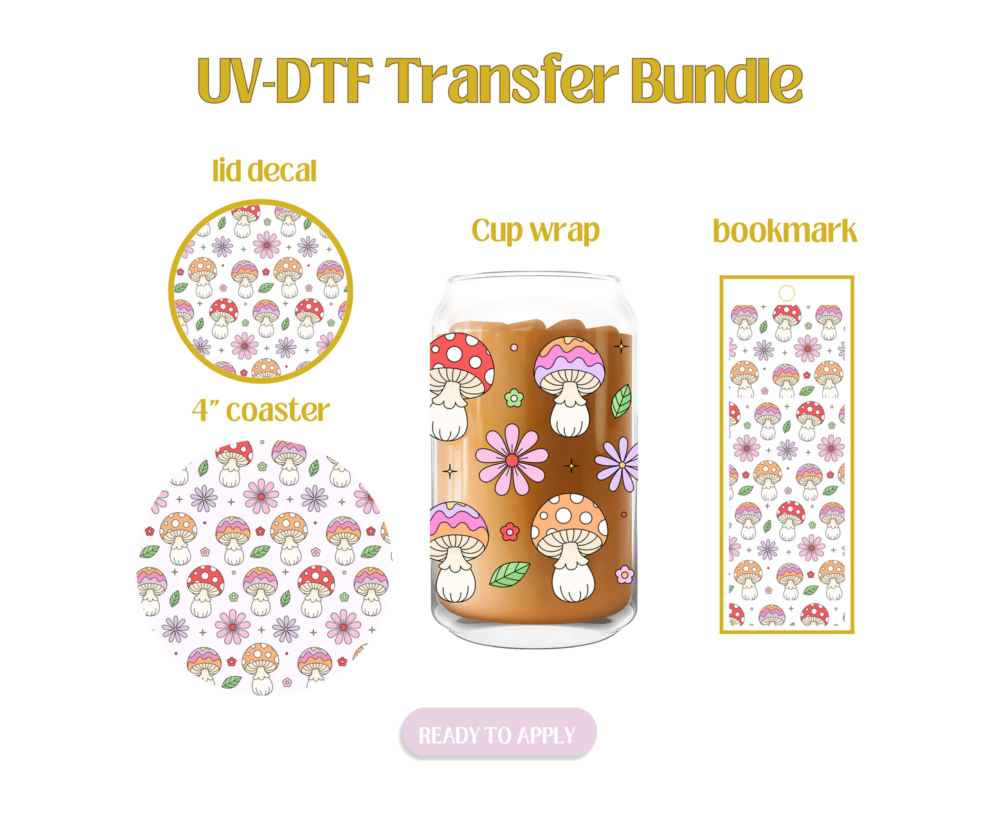 Spring Mushrooms Black UV-DTF Transfer Bundle